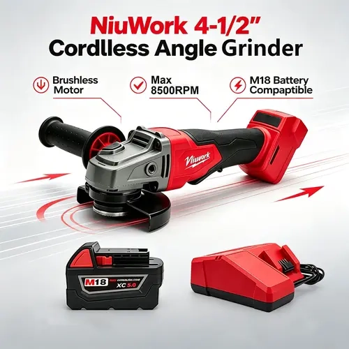 NiuWork Brushless Motor Cordless Angle Grinder - 4.5" Lithium-Ion, M18 Compatible, Rust-Resistant, Heavy-Duty Tools Construction, Metal Cutting, Auto Repair toolupgrade