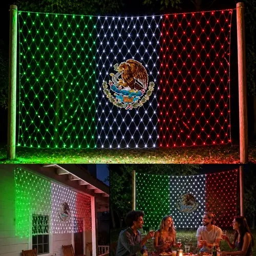 Mexican Eagle Pattern LED Net Light, Green-White-Red Tricolor Hanging Mesh Light, Backdrop Holiday Decoration for Fiesta Party, Courtyard & Garden Patio Decor, 6.6×3.3 ft Indoor-Outdoor Wall Decor, Courtyard Decoration