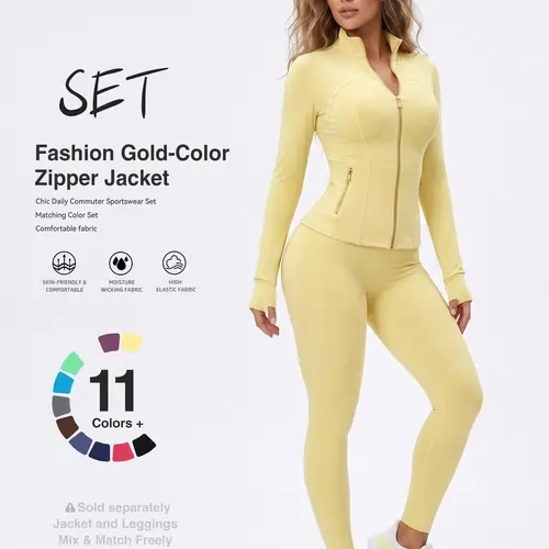 Uncia Active Women's  Figure Sculpting Workout Set - Zip-Up Stand Collar Gold Metal Zipper Jacket, High Waist Full Length Leggings, Lightweight Stretch Activewear for Gym, Everyday Outing (Matching Sets for Women), Workout Sets