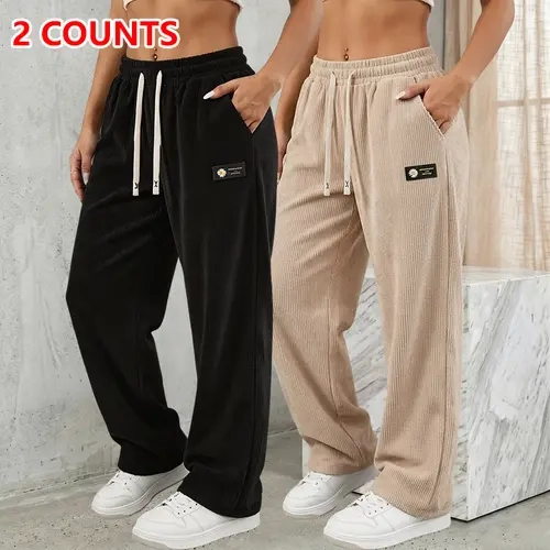 Women's 2-Pack Solid Plain Corduroy Pants for Women - Elastic Waistband with Drawstring, Vintage Straight-Leg Long Pants, Casual Streetwear for Everyday Wear, Outdoor Activities