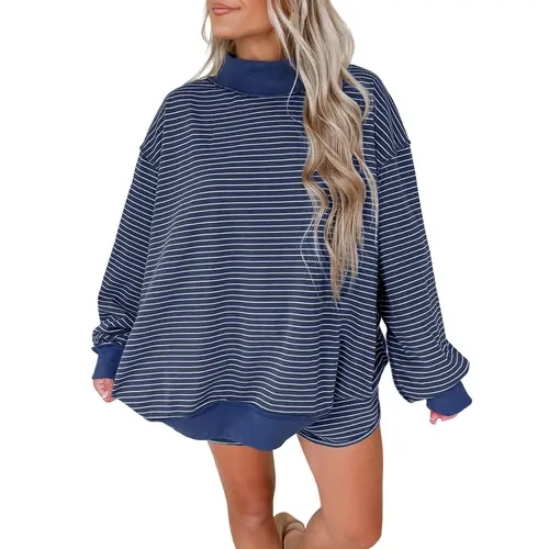 Mntaor Women’s Oversized 2-Piece Striped Mock Neck Ribbed Patchwork Pullover & Shorts Set, Ideal for Vacation, Relaxing Weekends Soft Lounge Set