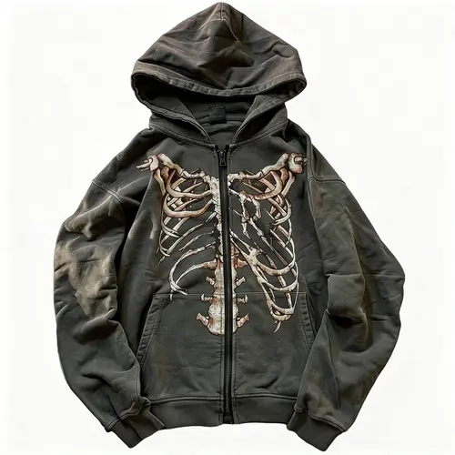 Gothic Hooded Sweater Retro Bone Print Hooded sweatshirt Y2K zip-up jacket Grunge Hooded Sweater Harajuku upper garment