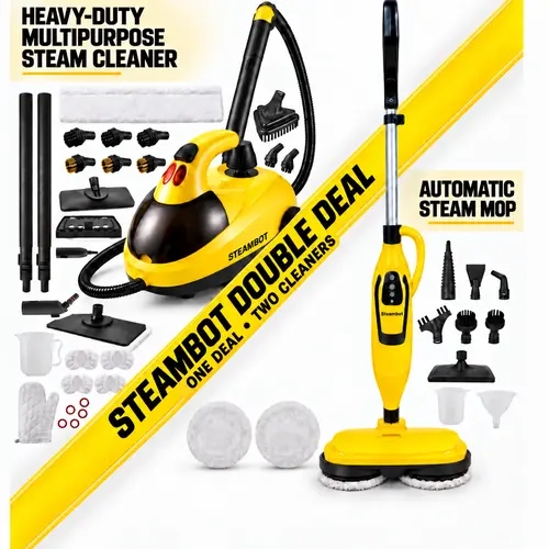 Steambot Dynamics Steam Cleaner & Steam Mop Bundle，Detachable Chemical-Free Steamer for House, Grout, Kitchen, Bathroom, Car Detaling, Grime & Grease, Barbecue Grill, Upholstery, Multi-Purpose Cleaning