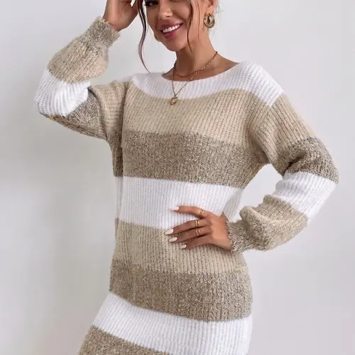 Women's Colorblock Striped Sweater Dress, Elegant Fashion Style, Perfect for Fall & Winter, Daily Wear, Casual Wear, Parties, Dates