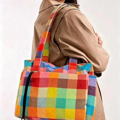Everyday Color Checkered Shoulder Tote for Work, College & Commute, Women’s Large Capacity Bag, Plaid Bag, Lightweight & Durable, Fits 13/14'' Laptop