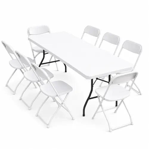 6 FT Plastic Folding Table Set with 6 White Folding Chairs for Picnic, Event, Training, Outdoor Activities, at Home and Commercial Use