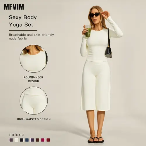 MFVIM women’s two-piece athletic set, crewneck long-sleeve slim-fit crop top + high-waisted wide-leg seven-eighths-length skirt, soft, highly elastic casual everyday loungewear matching set