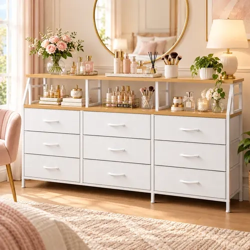 Raybee White 9 Drawer Fabric Dresser, Slim Space Saving Tall Chest of Drawers with Wooden Display Top Shelf, Modern Closet Cabinet Organizer Side Table Stand for Bedroom, Living Room, Entryway, Small Space Clothes  Storage Unit, Easy Assembly