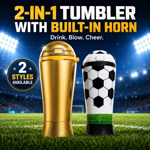 2-in-1 Blow Horn Tumbler Water Bottle for Concerts, Tailgates - Reusable Sports Bottle with Straw Lid, 48 Flag Stickers, Wide Mouth, Lightweight, Portable, Washable for Football Games, DIY Decoration