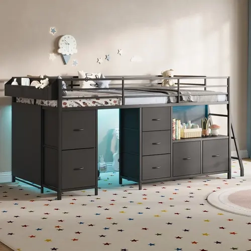 FUSOU Twin Low Loft Bed Frame - Black Metal Design with 7 Drawers, Bookcase, RGB LED Lights, Safety Guardrail, Inclined Ladder and Spacious Under-Bed Play Space
