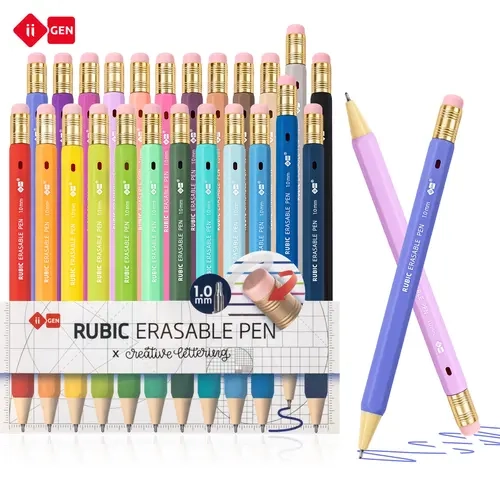 iiGEN x Creative Lettering RUBIC Erasable Gel Pens, 1.0mm Needle Tip, 12/24 Colors, Hex Barrel, Soft-Touch Grip, Ultra-Smooth Twist Pens, Write/Erase for Journaling, School Use