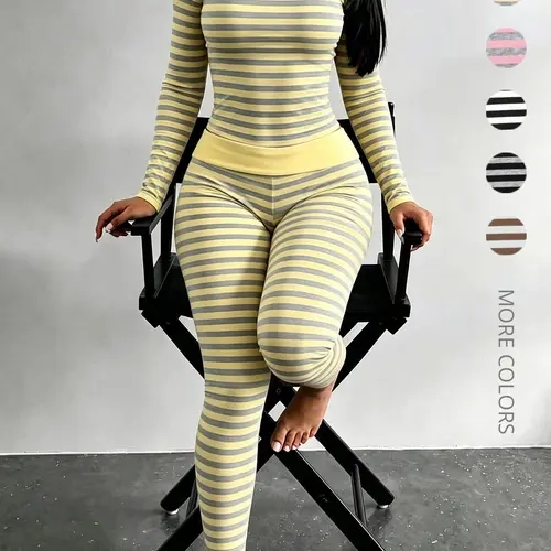 Women's Slim-Fit Striped Pajama Set, Casual Long Sleeve Sleepwear, Folded Waist Pants Two Piece Set, All Seasons Comfortable Home