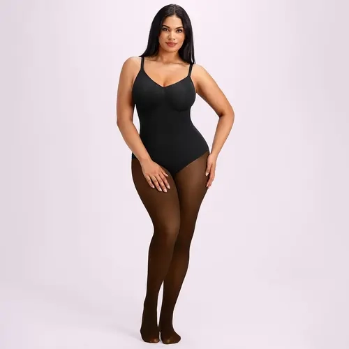 SHAPELLX Sheer-Panel with Fleece Lined Tights Stay-Warm Tummy Control Sheer Effect Tights Bodysuit Creator