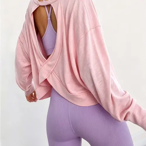 Women's Batwing Sleeve Loose-Fit Round Neck Hollow Out Back Long Sleeve Top, Sporty Yoga Shirt, Breathable for All Seasons