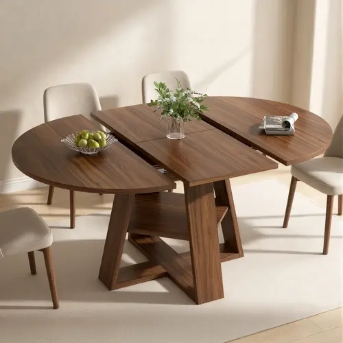 Modern Round Extendable Dining Table (43.3-59 in) - Round Shape, Removable Leaf, Pedestal Base, Seats 4-6, Wood Finish, Furniture for Home, Expandable Kitchen Table for Dining Room Apartment
