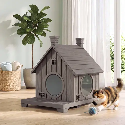 BIFANUO Outdoor Resin Cat House Weatherproof, Elevated Base Pet Shelter with 2 Flip‑Up Doors, Sloped Roof Kitty House for Indoor & Outdoor for Cats Small Dogs Rabbits