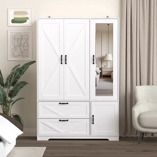 White Farmhouse LED Wooden Armoire - Freestanding 3-Door Elegant Wardrobe with Drawers, Hanging Rod, Adjustable Shelves, Hooks, Large Storage Capacity