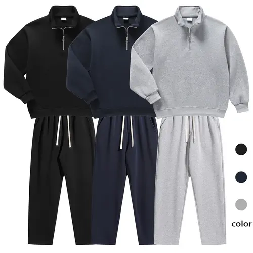 ColorArea Men’s 2-Piece Casual Sporty Style Matching Activewear Set - Long Sleeve Solid Half-Zip Mock-Neck Top, Wide Drawstring Elastic Waist Baggy Sweatpants, Loungewear Athletic Clothes Set for Daily Commuting, Campus
