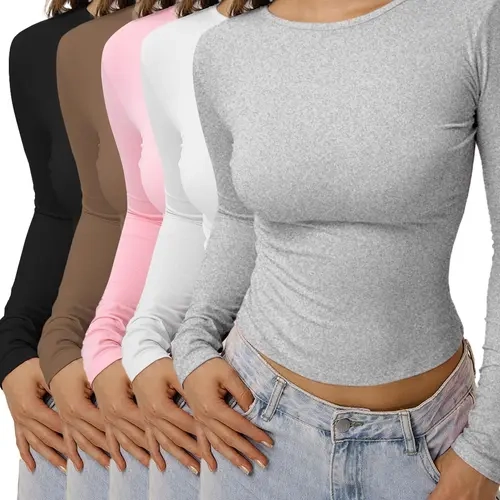 Women's Long Sleeve Fleece T-Shirt Set of 5 Casual Slim-Fit Plain Design, Comfortable Everyday Base Layer Top, Perfect for Daily Wear
