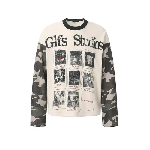 Inflation Waffle Knit Oversized Long Sleeve Gls Studios Photo Collage Gothic Letter Print Camo Sleeve Vintage Streetwear Thermal Top 2026 Fall