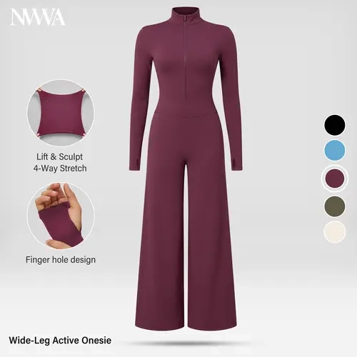 NVWA Women's Athletic Jumpsuit - Long Sleeve Front Zip Mock Neck Wide Leg Full Length Bodysuit with Thumb Holes, Slim Fit High Elasticity Activewear, Chic Modern Fitness Wear for Gym & Streetwear