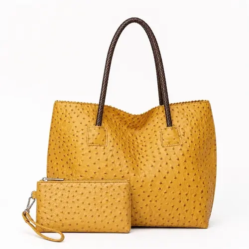 Women’s Large Ostrich-Embossed Tote Bag with Matching Wristlet, Leopard Print Lining Multi-Pocket Shoulder Handbag, Spacious Work Shopper Bag Fits 14” Laptop, Casual Tote Bag
