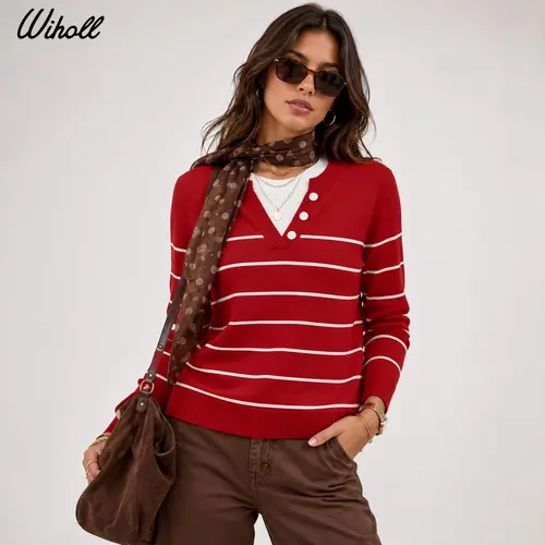 WIHOLL Women's Lightweight Striped Knitted Longsleeves Sweater - Breathable Casual Knitwear, All-Season Pullover Tops