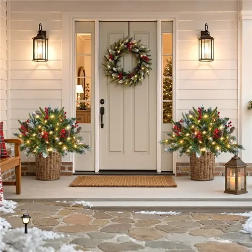 【9 Light Modes】Yaheetech 2Pcs Pre-Lit Outdoor Christmas Trees with Stakes, Remote Control & Timer, Battery Operated Frosted Pathway Trees with 50 LED Lights, Pinecones and Red Berries for Walkway, Porch, Planter and Patio