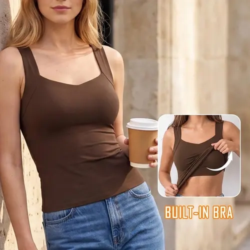 ATTRACO Womens Shapewear V-Neck Built in Bra Tank Tops High Strechy Sleeveless Slim Fit Tops Camisole Workout Tops Sleeveless Clothing Body Shaper Tops