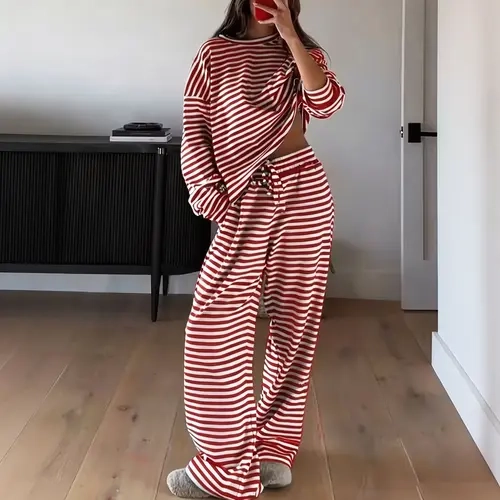 Women's 2-Piece Loungewear Sets - Stylish Casual Striped Long Sleeve Top, Nightwear Pants, Matching Pajamas for Home Wear, PJ Sets for Women