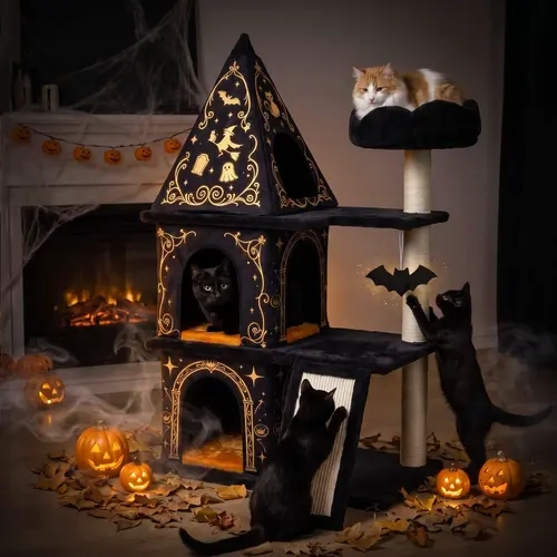 SHA CERLIN 43in/47in (3.6ft/3.9ft) Halloween Gothic Castle Cat Tree - 3-Level Haunted Playground with 2 Condos, Sisal Scratching Posts, Scratch Ramps, Dangling Bat Toy, Soft Plush for Indoor Cats, Home Decor