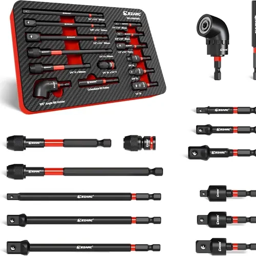 EZARC 14PCS Impact Socket Adapter Set for Impact Tools - 1/4", 3/8", 1/2" Square Drives, Swivel Joints, Right Angle Driver, Magnetic Bit Holder, Quick-Release Extension, Durable Electrophoretic Finish for Bit Changes, Torque Endurance, Tool Upgrade