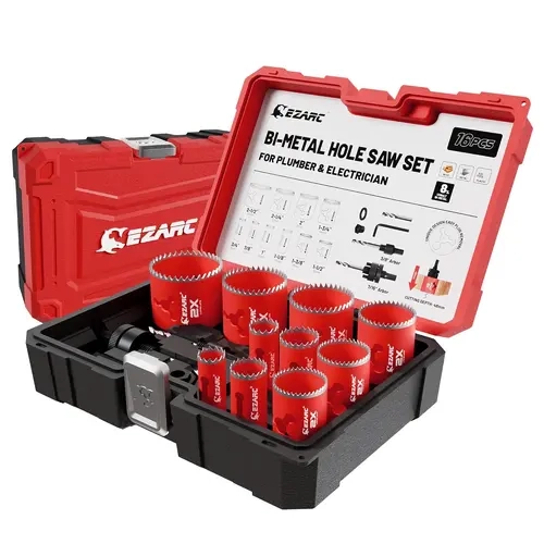 EZARC 16PCS Bi-Metal Hole Saw Kit, 3/4"-2-1/2", Cuts Multi-Materials | M42 Bi-Metal with 8% Cobalt, 10 Hole Saws, 3/8" and 7/16" Arbors, Pilot Drills, 4/6 TPI, for Thin Metal, Plywood, PVC