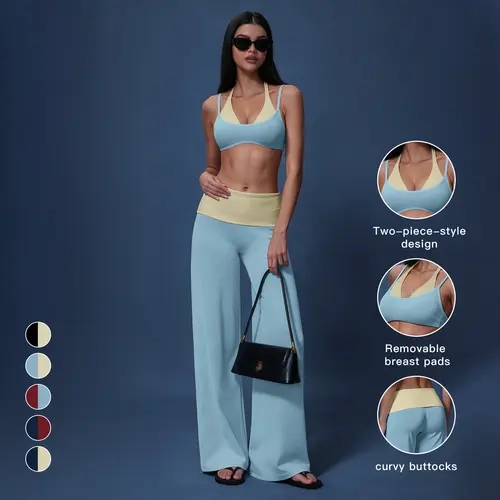 Tenwolf women’s layered faux two-piece yoga set with a foldover waistband and butt-lifting straight wide-leg pants, color-blocked activewear loungewear, hot-girl two-piece set,sohochic