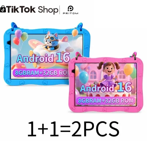 [Stock Up] PRITOM 2PCS Kids Tablet 10 inch Android 16 8GBRAM 32GB ROM Dual Cameras WiFi6 6000mAh BatteryProtective Silicone Case Animal Flash Cards EducationalApps Toddler Gifts Stress Relief Case Pink/Blue Best Kids Gift