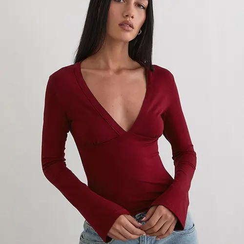 Women's Waist-Cropped Deep V-Neck Long Sleeve T-Shirt, Casual Streetwear Top, Daily Wear Fashionable Ladies' Upper Garment, Everyday