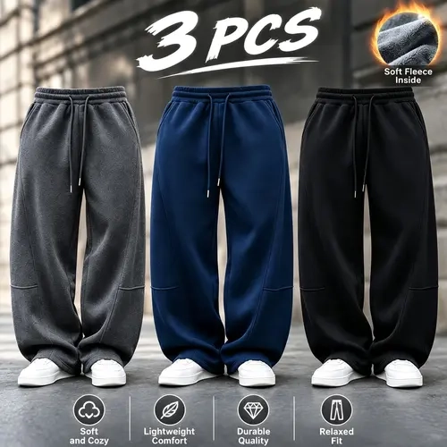 Men's Winter Polyester Fleece Sweatpants 3-Pack - Menswear Mid Waist Loose Wide-Leg, Basic Plain Look Warm Casual Pants