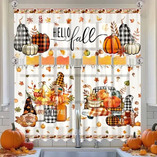 3 Pcs Tiered Valances Kitchen Curtain Set - Iron-Resistant, Wrinkle-Resistant, Waterproof Buffalo Plaid with Skull-Bats-Pumpkins-Maple Design for Fall-Halloween House Decor, Kitchen Accessories