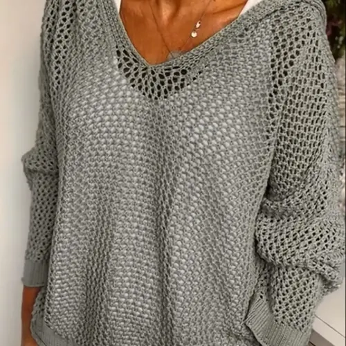 Women's Plain Hollow Out Hooded Sweater Pullover, Casual Long Sleeve Jumper for Fall & Winter, Fashion Ladies' Knitwear for Daily Wear