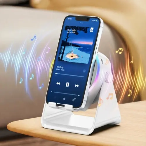 VORALI 5-in-1 Induction Bluetooth Speaker Smartphone Charger， Adjustable Rotatable Electronic Phone Holder，Lightweight Portable, 5000mAh USB Power Bank, Colorful Ambient Light,Cool Gadgets Halloween Gift for Friends