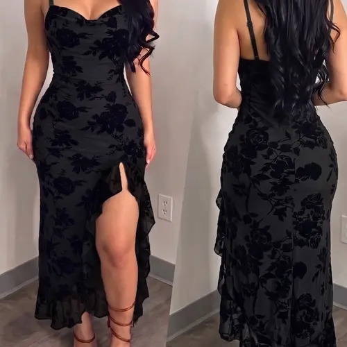 Women's Midi Sleeveless Dress, Sexy Floral Print, Adjustable Strap, Split Design, Mesh, Party & Casual Wear, Elegant and Comfortable