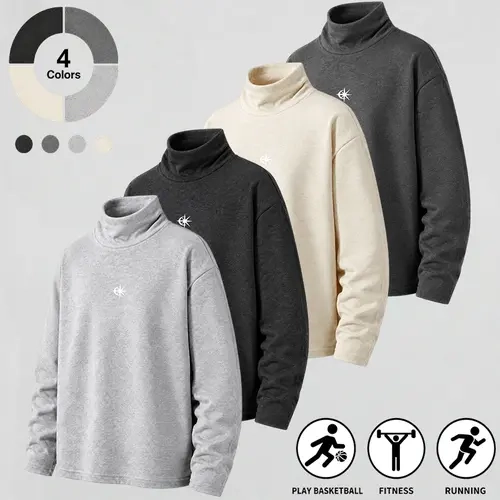 Men turtleneck long sleeve sweatshirt, cotton blend heathered fabric, loose drop shoulder fit, subtle small star graphic print on chest, high neck pullover top for basketball fitness running daily street outfits