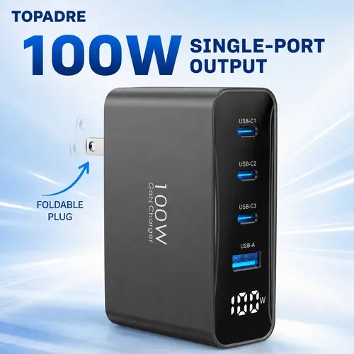 TOPADRE 100W USB-C GaN Fast Foldable Charger - US Type 4-Port Plug Block, AC Power Supply Adapter with 100W Single-Port Output, LED Display for MacBook, Samsung Galaxy (Black), Ac Power Supply Chargers