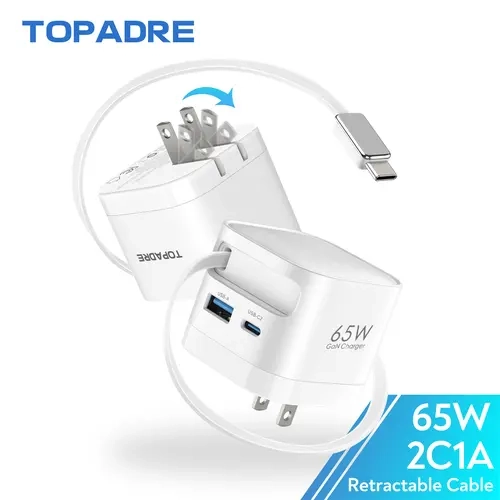 TOPADRE 65W Output Wired 3-in-1 Fast Charging Accessory, Retractable Cable Foldable Plug US Type Wall Charger, USB Compatible with Mobile iPhone 17/16/15, iPad Pro/Mini, MacBook Air, Android Devices