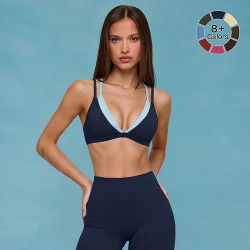 MFVIM Women's Deep Navy Color-Block Sports Bra, Double Thin Straps, V-Neck Triangle Cups, Removable Pads, Polyamide Fabric, Keyhole Back, Suitable for Yoga, Workouts, Outerwear, Sports Bra For Women