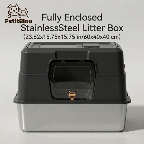 PetitRinu Stainless Steel Covered Litter Box with Lid, 23.6x15.7x15.7in Enclosed Design, Flip-Top & Side Door, Odor Control, Easy-Clean for Small to Medium Cats, Litter Box Covered, Stainless Steel Litter Box With Lid