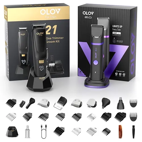 OLOV Ultimate All-in-One Grooming Kit for Men – safe Intimate Pubic Trimmer + 6-in-1 Beard/Face/Nose Shaver, Waterproof Rechargeable with LED Light & USB-C Dock