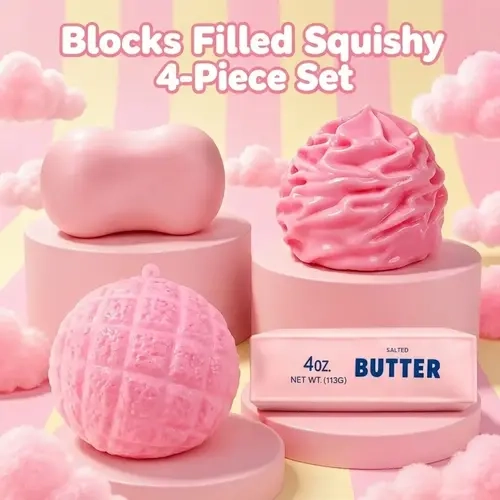 4-Piece Crunchy Squishies Toys Set, Soft Stretchy Realistic Novelty Shapes (Soap, Cream, Butter, Pineapple Bun) for ASMR Stress Relief, Cutecore Stuff, Quirky Whimsical Unique Cool Gifts, Desktop Ornaments, Selfie Props