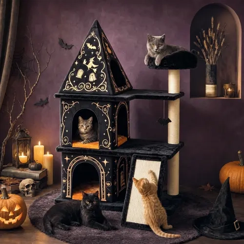 Muticor Halloween Cat Castle for Indoor Cats, Multi-Level Cat Tree Tower with Spooky Castle House, Cozy Cat Hideouts, Top Perch, Scratching Posts and Ramp, Fun Seasonal Cat Furniture