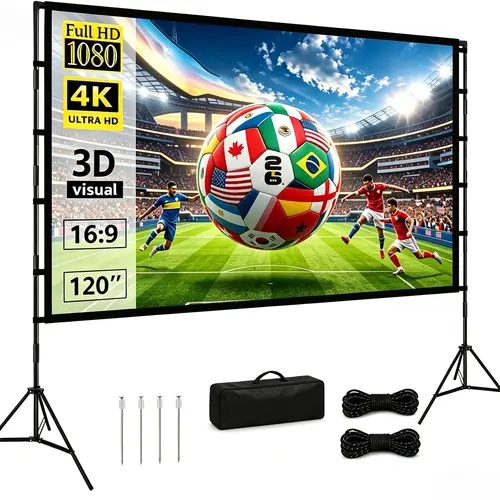 120 Inch Projector Screen with Stand, 16:9 4K HD Portable Projector Screen, Indoor Outdoor Front/Rear with Carry Bag for Home Theater Backyard Camping Movie Night